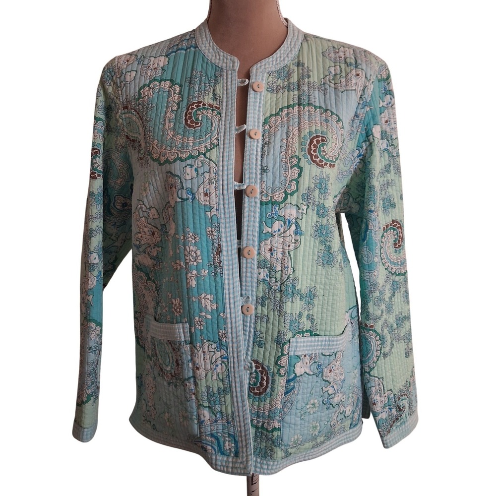Handmade Quilted Paisley Jacket Women Blue Green Floral Gingham Reversible Med